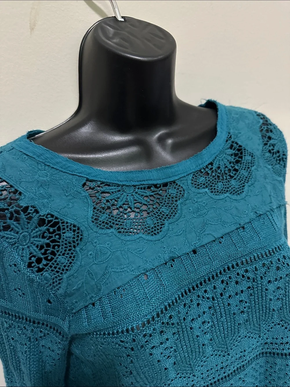 Free People Bohemian Crochet Lace Teal Long-Sleeve Top